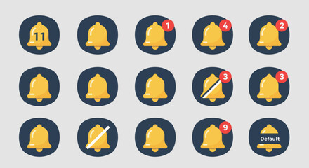 Fototapeta premium Vector illustration of a flat design notification bell icon set with alert counters and silent mode symbols.