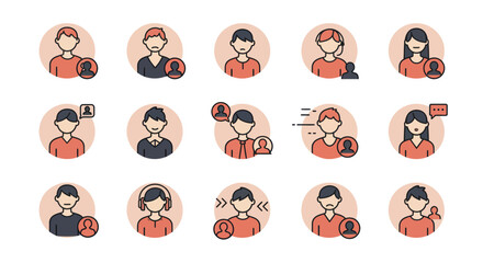 Obraz premium Set of colorful outline user avatar icons for social media, communication, and user management, showing various expressions and actions.
