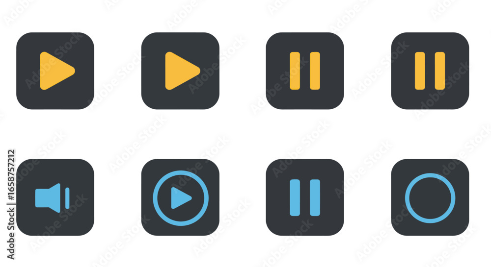 Poster colorful flat design media player control icons set with play, pause, volume, and record buttons for