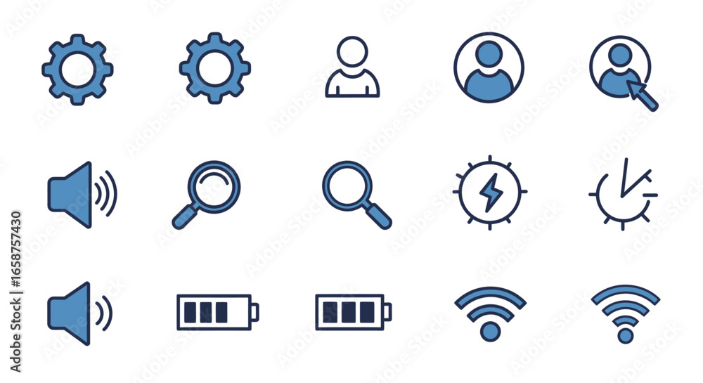 Aufkleber blue and dark outline user interface icon set for web and mobile applications, featuring settings, u