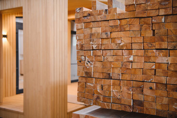 A new wooden modular prefabricated house inside in manufacturing facility