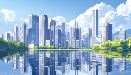Fototapeta premium A city with a lake in the middle. The sky is blue and there are clouds