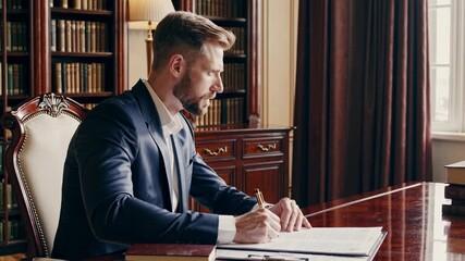 A successful executive or lawyer signs a legal document in a classic library office a powerful scene of decision making and corporate business agreement