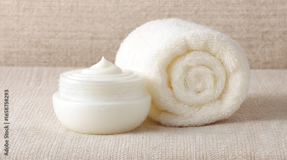 Poster white cream in a round container beside a rolled white towel on a textured beige surface, creating a