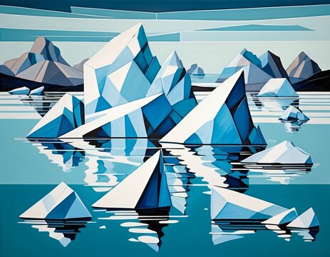 Abstract Geometric Icebergs on a Calm Arctic Ocean