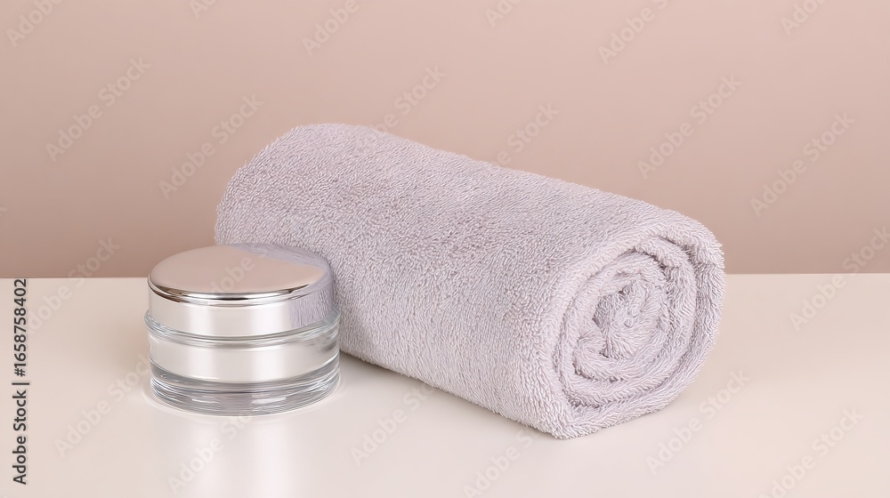 Poster soft gray towel rolled neatly beside a glass jar of cream on a clean surface, creating a serene and 