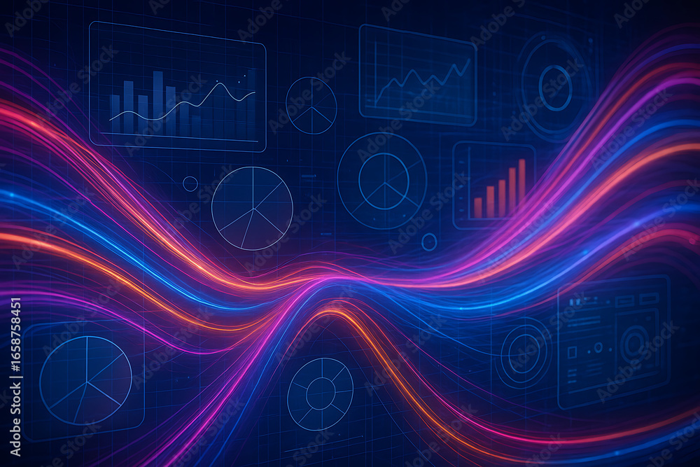 Poster a dynamic image with multiple data graphs, charts, and diagrams on a dark blue background, with vibr