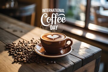 Celebrate International Coffee Day with a warm cup of latte art and aromatic coffee beans on a rustic wooden table near a sunlit window for a cozy café vibe