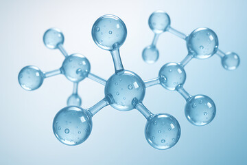 A 3d illustration of a transparent molecular structure with multiple atoms and water droplets, against a soft light blue and white gradient background