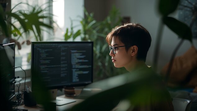 Focused woman programmer reviewing code on monitor in open office