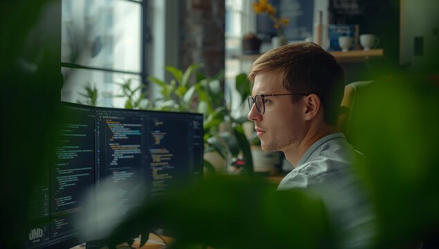 Male software engineer writing code at workstation with source code on monitor