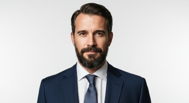 Studio portrait of a man with a beard wearing a suit and tie