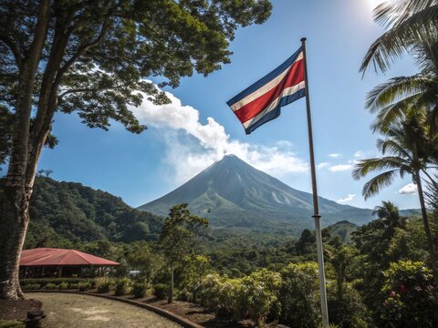 Costa Rica flag National Day September 15 with Arenal volcano and lush rainforest view - Powered by Adobe