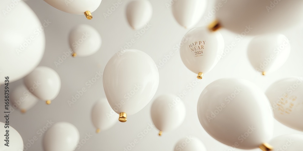Poster white balloons floating in the air, creating a festive atmosphere for celebrations, with a soft grad