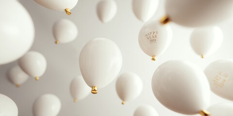 White balloons floating in the air, creating a festive atmosphere for celebrations, with a soft gradient background enhancing the joyful ambiance and visual appeal of the scene