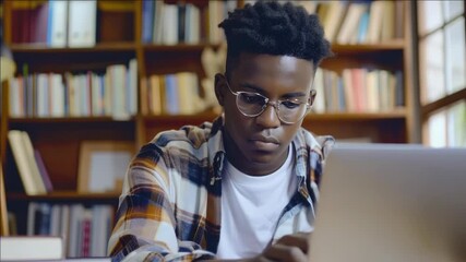 Young man with glasses engrossed in work on laptop computer in quiet library setting.