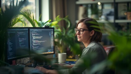 Female software developer coding at desktop with source code on monitor in modern office