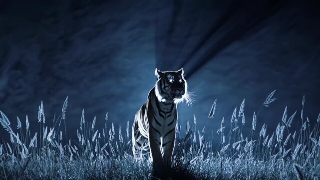 A majestic and powerful tiger emerges from the dark night with dramatic backlighting a symbol of wild nature strength and being a fearless apex predator