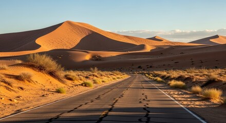 Long cracked asphalt road winding through vast golden sand dunes under a clear blue sky.