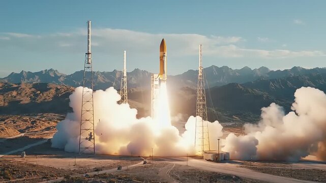 A powerful, next-generation rocket launches with a magnificent plume, showcasing advanced propulsion and the dynamic acceleration of space exploration technology.