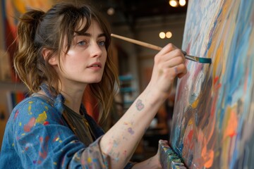 Young Girl Painter Focusing on Nature Scene in Art Painting Class, Depicting a Beautiful Abstract Scene on a Canvas
