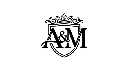 Elegant AM initial monogram logo with a royal crown and shield crest design.