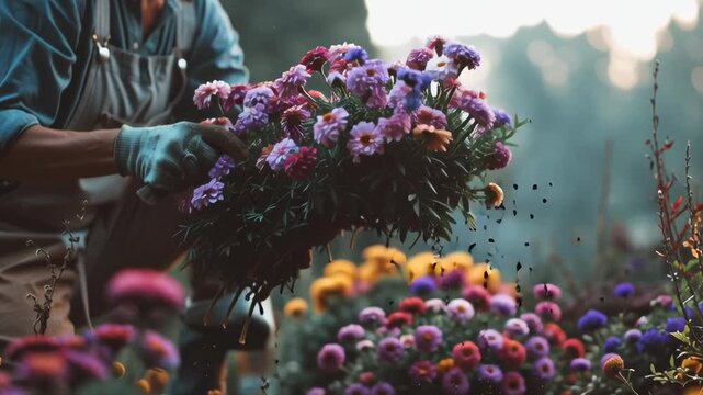 A person is tending to a garden of flowers, including purple and orange flowers. The scene is peaceful and serene, with the person carefully tending to the plants
