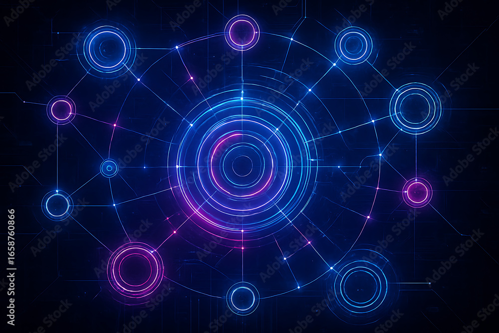 Poster a mesmerizing 3d illustration of a futuristic digital network, showing a central hub with connected 