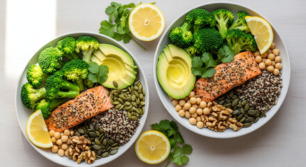 Healthy salmon and broccoli bowls with avocado and grains for a nutritious meal