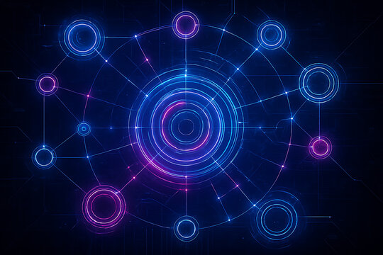 A mesmerizing 3d illustration of a futuristic digital network, showing a central hub with connected nodes and glowing lines, symbolizing global technology and data connections