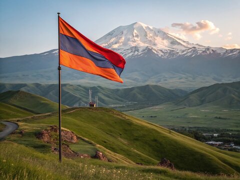 Armenia flag National Day September 21 with Mount Ararat and green hills