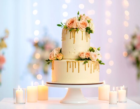 Elegant two-tiered wedding cake adorned with flowers and drips
