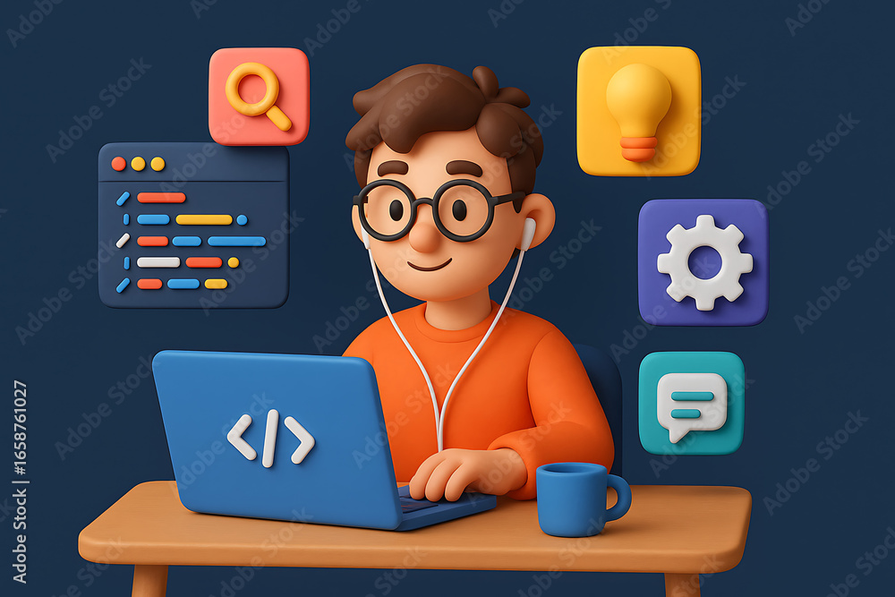 Fototapete a charming 3d character illustration of a male software developer or programmer working on his lapto