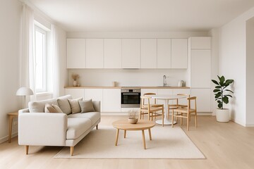 Fototapeta premium Simple Yet Cozy Decor Style Modern Minimalist Living Room with Kitchen and Stylish Furniture
