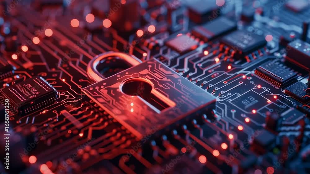 Poster a computer chip with a red lock on it. the lock is surrounded by a red glow. concept of security and