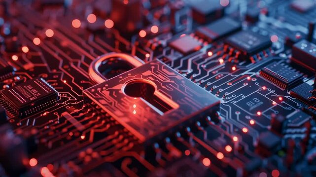A computer chip with a red lock on it. The lock is surrounded by a red glow. Concept of security and protection