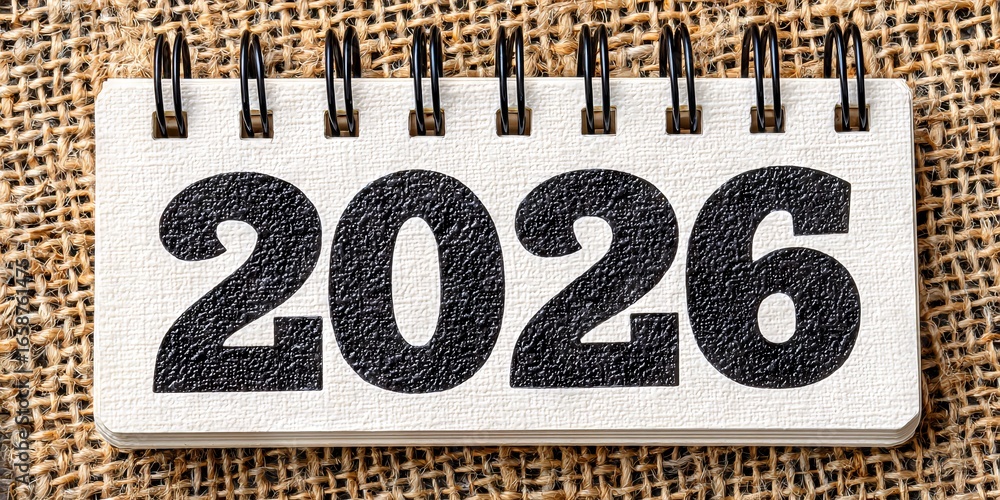 Poster calendar page displaying bold numbers for the year 2026, placed on a textured burlap background, sym