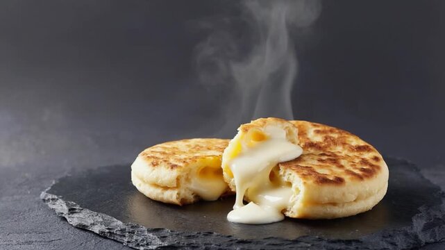 columbian arepa food on black stone background video