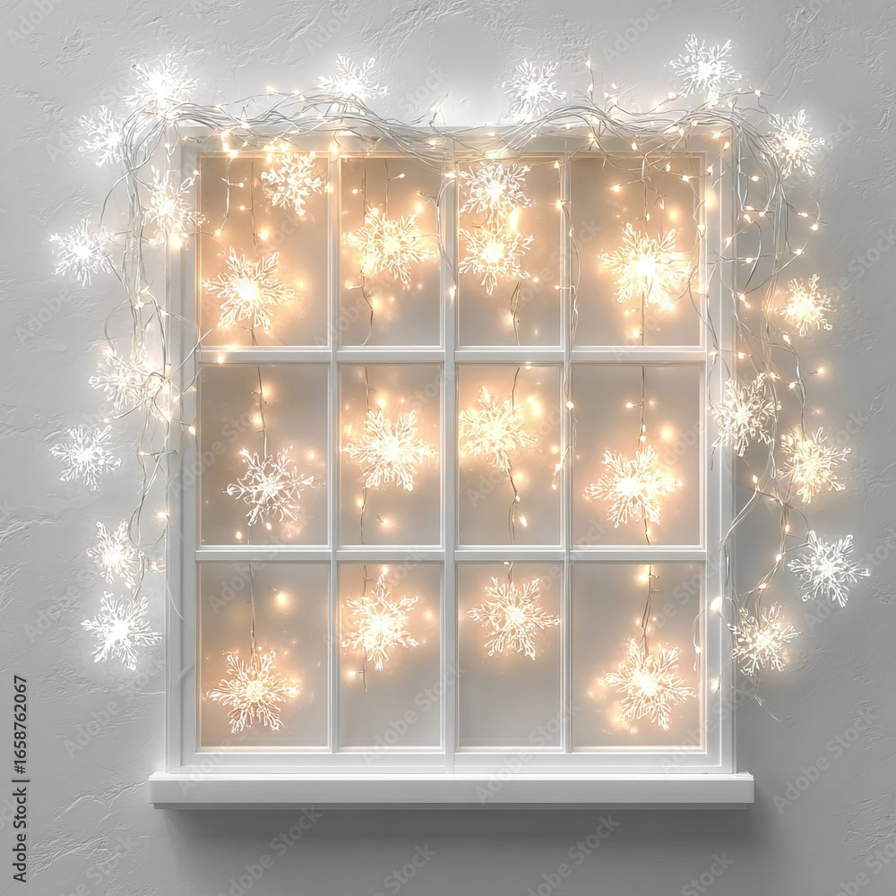 Poster decorative window adorned with glowing snowflake lights and fairy lights, creating a warm and festiv