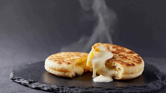 columbian arepa with cheese stuffed on black stone background orbit left video