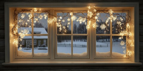 Cozy winter window scene adorned with twinkling fairy lights and snowflakes, showcasing a serene snowy landscape outside, creating a warm and inviting atmosphere for the holiday season