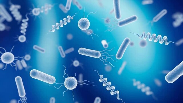 3D illustration of various microorganisms, including bacteria, viruses, and germs, floating in a blue liquid background.

