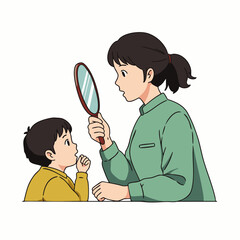 A caring mother gently holds a small mirror for her young son, encouraging self-reflection and speech development in a heartwarming, illustrative moment.