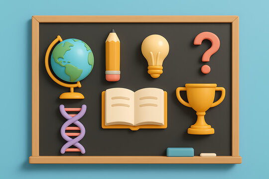 Education and science concept with 3d rendered cartoon icons on a green chalkboard background for back to school themes