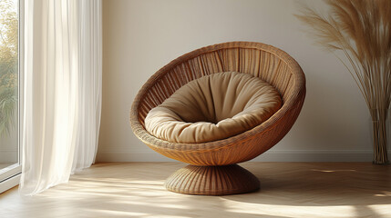 A comfortable round woven rattan chair with a soft cushion sits peacefully in a bright sunlit room with a sheer window.