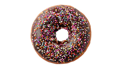 Chocolate frosted donut topped with colorful sprinkles