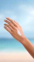 Beautiful hand with a creamy lotion applied, showcasing skincare routine against a serene beach backdrop with soft waves and a clear blue sky, emphasizing relaxation and self-care
