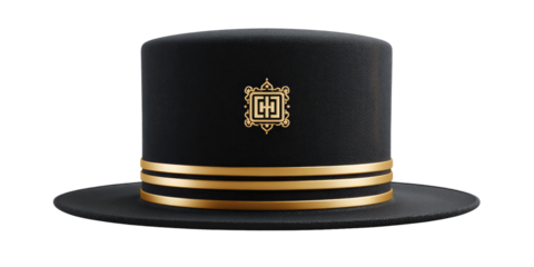 Black top hat with gold trim and emblem