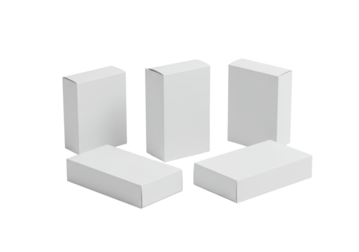 Three pristine, blank, white rectangular cardboard product packaging mockups in 3/4 view on a transparent seamless studio background with soft shadows, high-key lighting, copy space concept of