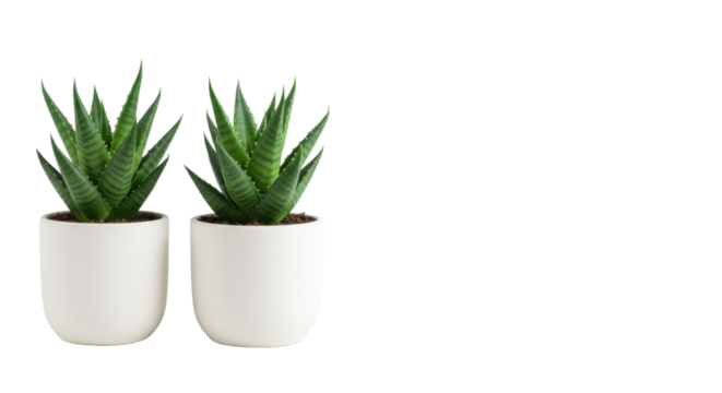Two identical small green Sansevieria or Aloe vera succulents in white ceramic pots, slightly offset, isolated against transparent background with copy space, natural minimalist aesthetic